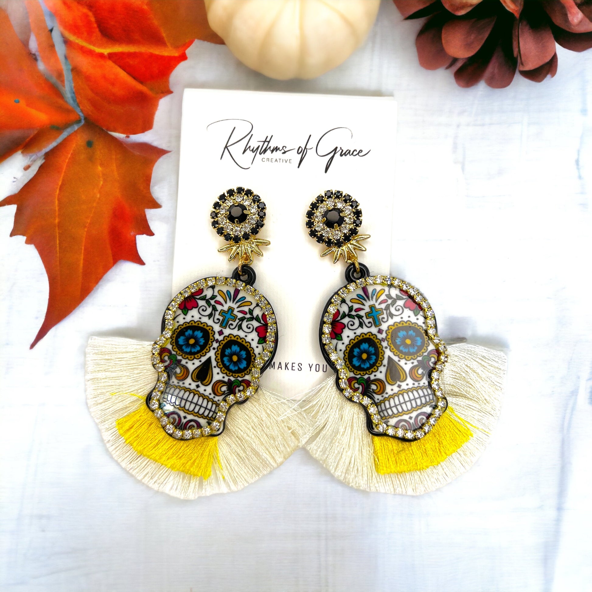 Skull Earrings - Halloween Earrings, Sugar Skull Earrings, Halloween Accessories, Halloween Earrings, Undertaker Earrings, Halloween Accessories - Rhythms of Grace Creative
