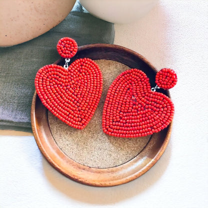 Heartfelt Dangles: Choose Your Vibe with Red or Black Beaded Heart Earrings!