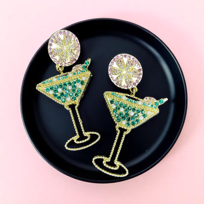 Sparkling Emerald & Pink Martini Dangle Earrings - Glamorous Statement Jewelry