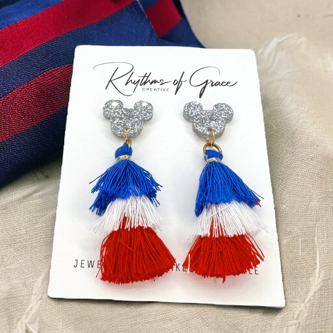 Sparkling Patriotic Mouse Ears Dangle Tassel Earrings for a Festive Look