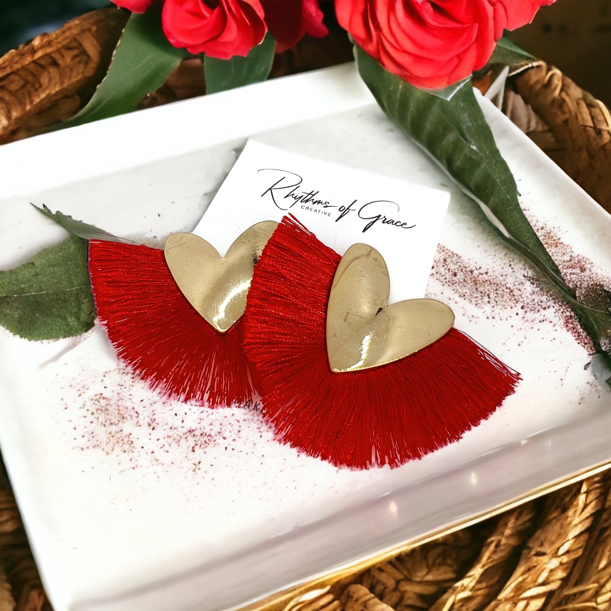Heart on Fire – Gold & Red Fringe Statement Earrings - Rhythms of Grace Creative