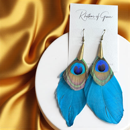 Boho Peacock Feather Dangle Earrings – Layered Turquoise & Natural Feathers, Lightweight Statement Jewelry