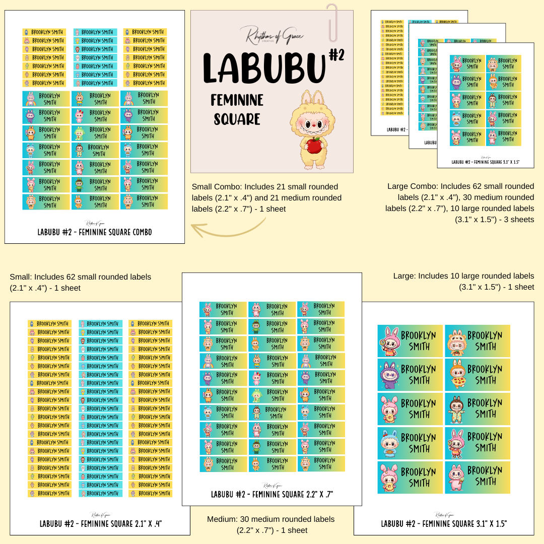 Collection of Labubu #2 labels with different sizes and designs on a beige background.