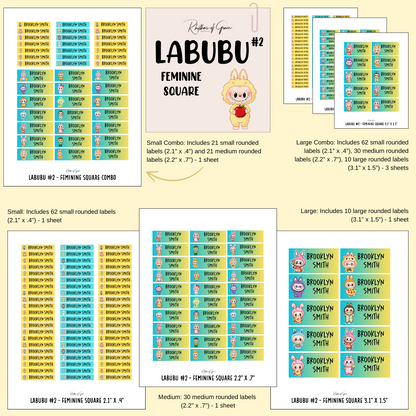 Collection of Labubu #2 labels with different sizes and designs on a beige background.