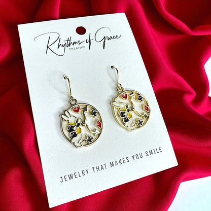 Dive into Wonderland: Enchanting Mismatched Alice Earrings with White Rabbit & Clock Charm!