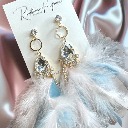 Dreamy Pink & Blue Feather Earrings – Rhinestone Dangles for Boho Queens