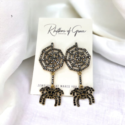 Spiderweb Earrings - Halloween Earrings, Spider Earrings, Halloween Accessories, Halloween Earrings, Rhinestone Earrings, Halloween Accessories - Rhythms of Grace Creative