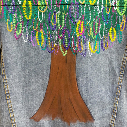 Hand Painted Jean Jacket: “Mardi Gras Bead Tree”