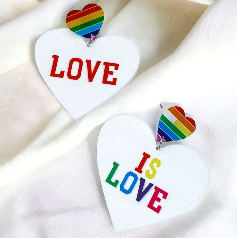 Heartfelt Sparkle: Love is Love Earrings – Rainbow Bling for Your Pride and Vibe!