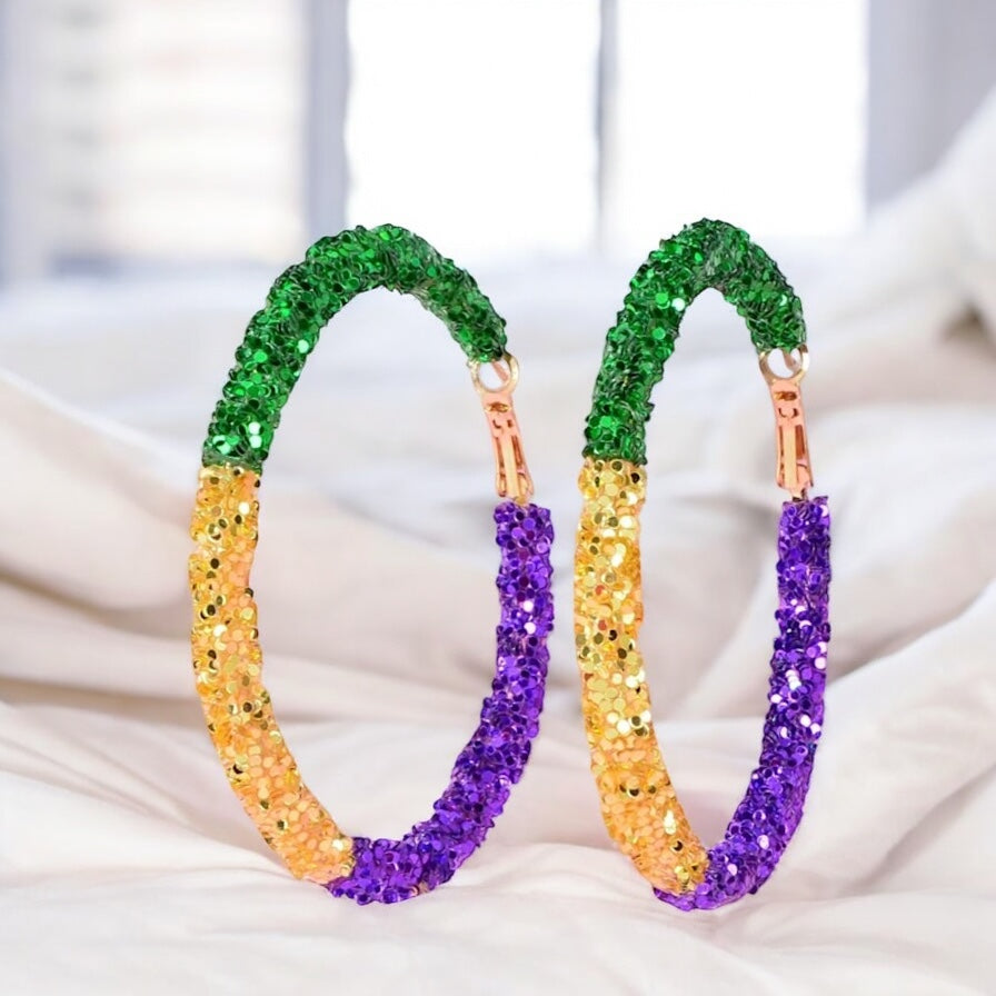 Sparkle & Celebrate: Mardi Gras Glitter Hoops for Your Festive Flair!