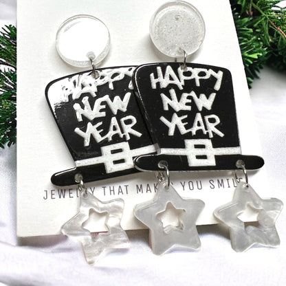 Black & White “Happy New Year” Earrings - Rhythms of Grace Creative