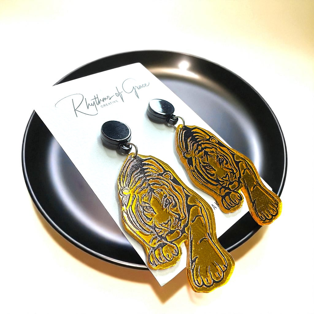 Fierce Tiger Earrings – Mirrored Acrylic Statement Dangles