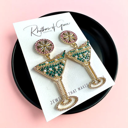 Sparkling Emerald & Pink Martini Dangle Earrings - Glamorous Statement Jewelry