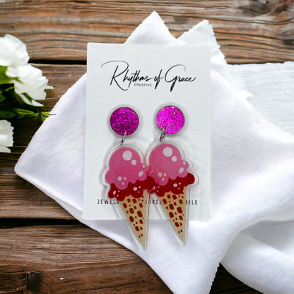 Ice Cream Earrings - Ice Cream Cone, Birthday Earrings, Handmade Jewelry, Ice Cream Jewelry, Food Earrings