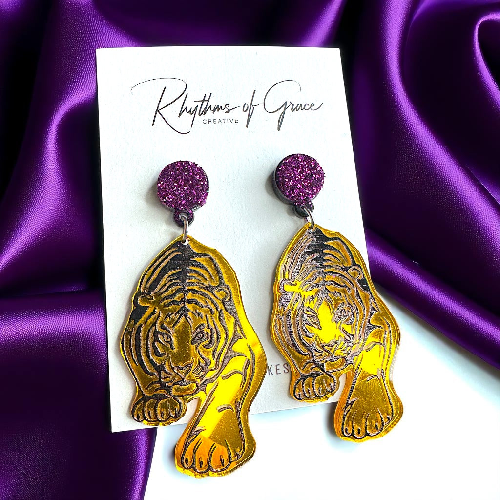 Fierce Tiger Earrings – Mirrored Acrylic Statement Dangles