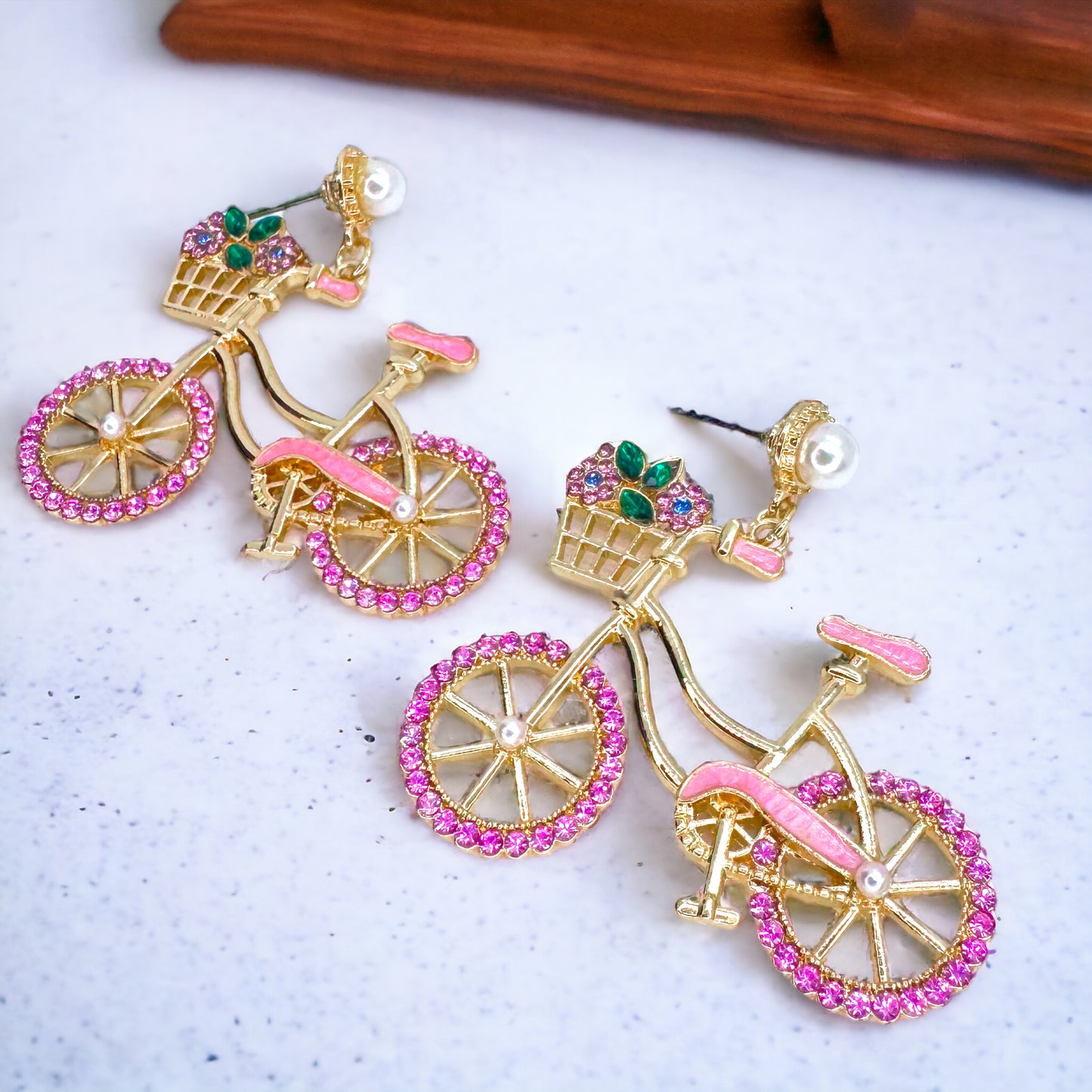 Two-Wheeled Sparkle – Bicycle Earrings with Floral Flair