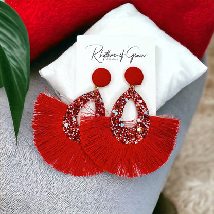 Sparkling Red Glitter Tassel Dangle Earrings - Bold Statement Jewelry