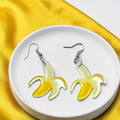 Clear Acrylic Banana Dangle Earrings | Double-Sided Peeled Banana Earrings | Savannah Bananas Inspired | Lightweight Fun Jewelry