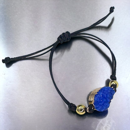 Black Leather Bracelet with Gold and Blue Charm
