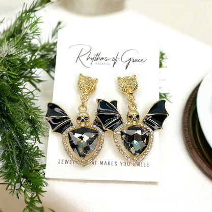Bat Earrings - Halloween Earrings, Rhinstone Bat, Halloween Teacher, Jeweled Halloween - Rhythms of Grace Creative
