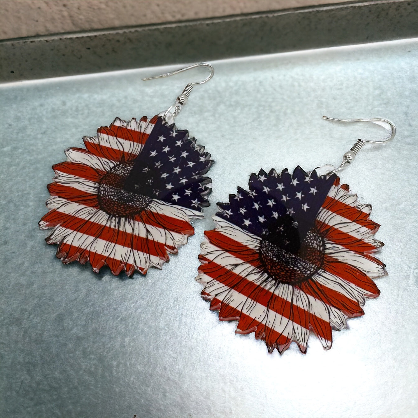 Patriotic Flower Dangle Earrings - Stars & Stripes Design