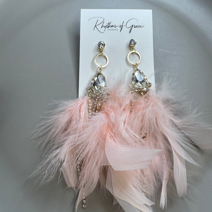 Dreamy Pink Feather Earrings – Rhinestone Dangles for Boho Queens