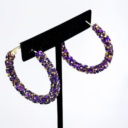 Shimmering Elegance: Purple and Gold Glitter Hoops