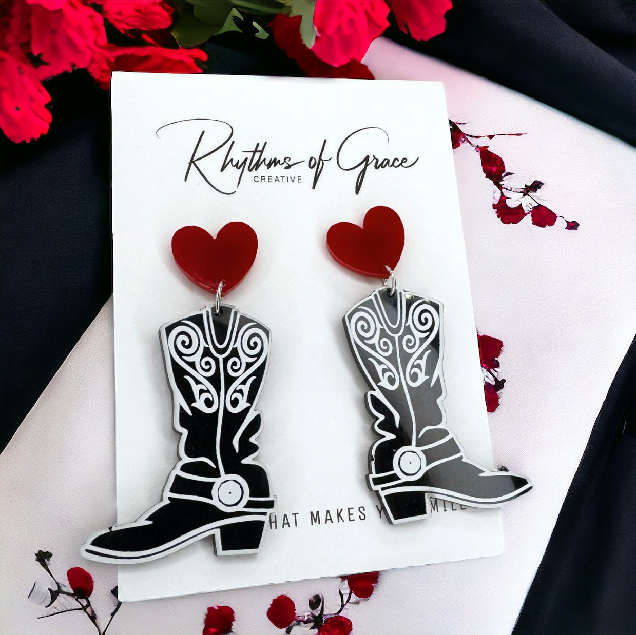 Trendy Black and White Cowboy Boot Dangle Earrings - Western Style Jewelry