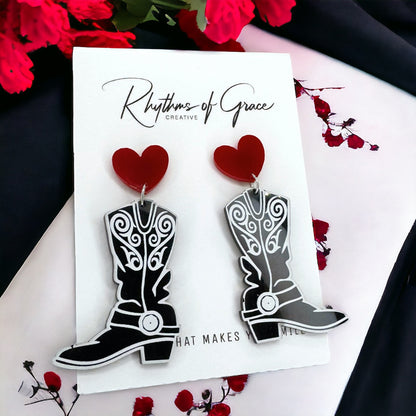 Trendy Black and White Cowboy Boot Dangle Earrings - Western Style Jewelry