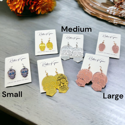 Metallic Skull Earrings - Halloween Earrings, Skeleton Earrings, Halloween Skull, Halloween Earrings, Sugar Skull, Trick or Treat - Rhythms of Grace Creative