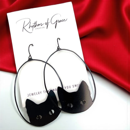 Oversized Black Metal Cat Dangle Earrings - Embrace Your Inner Feline!
