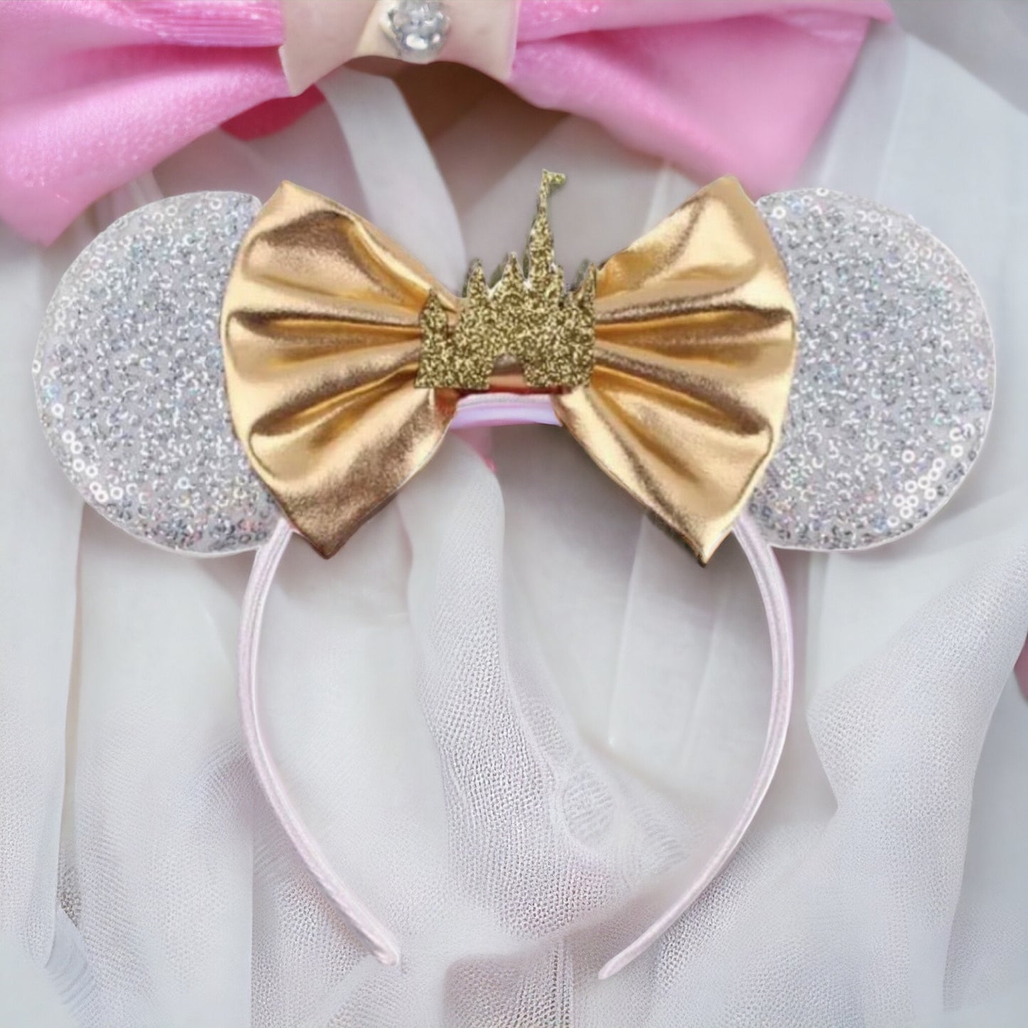 Princess Castle Mouse Ears, Gold Bow, Silver or Gold Castle - Brand New!