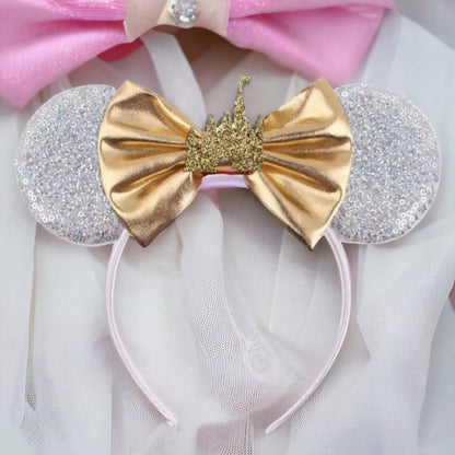 Princess Castle Mouse Ears, Gold Bow, Silver or Gold Castle - Brand New!
