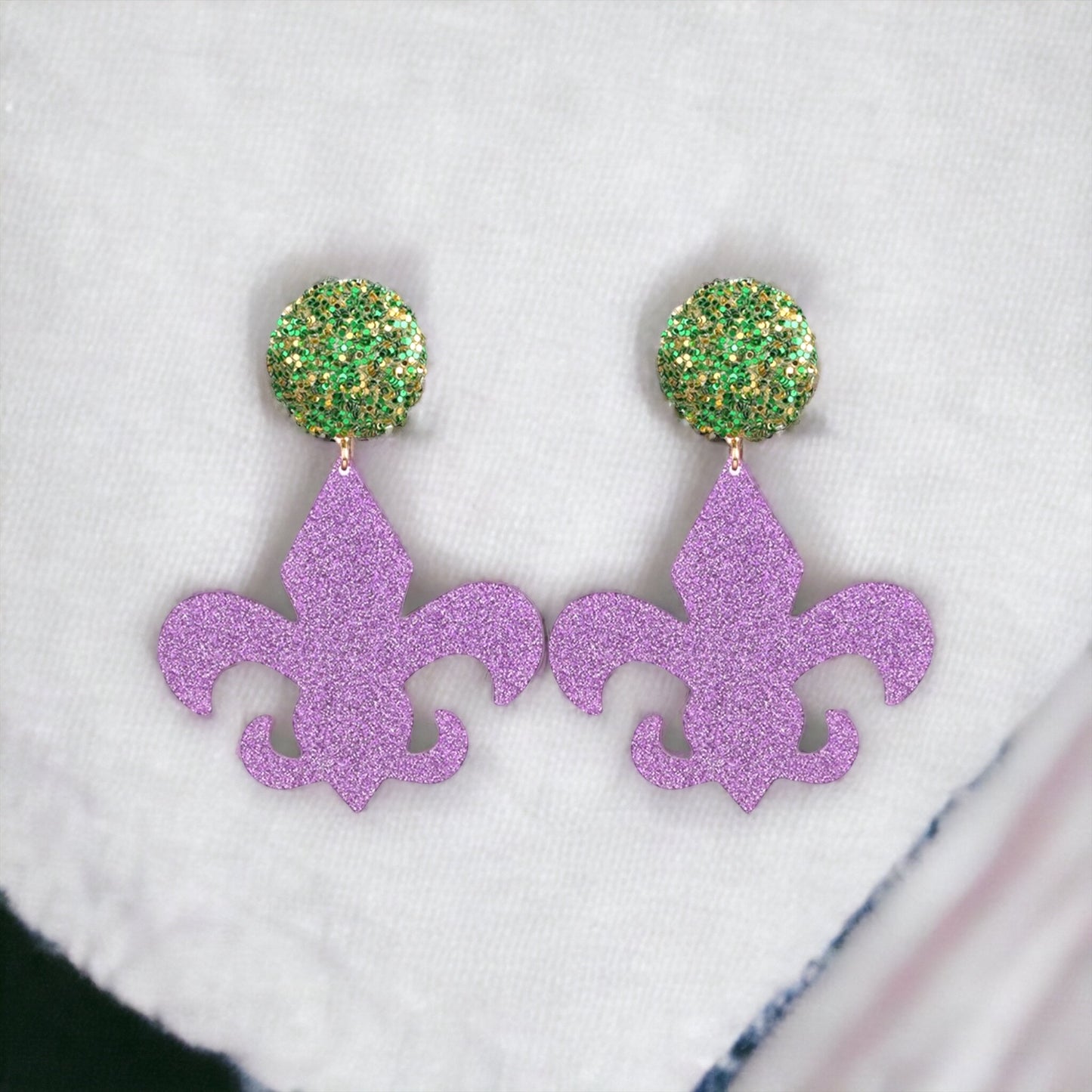 Mardi Gras Oversized Statement Earrings - Glitter Fleur-de-Lis Elegance - Rhythms of Grace Creative