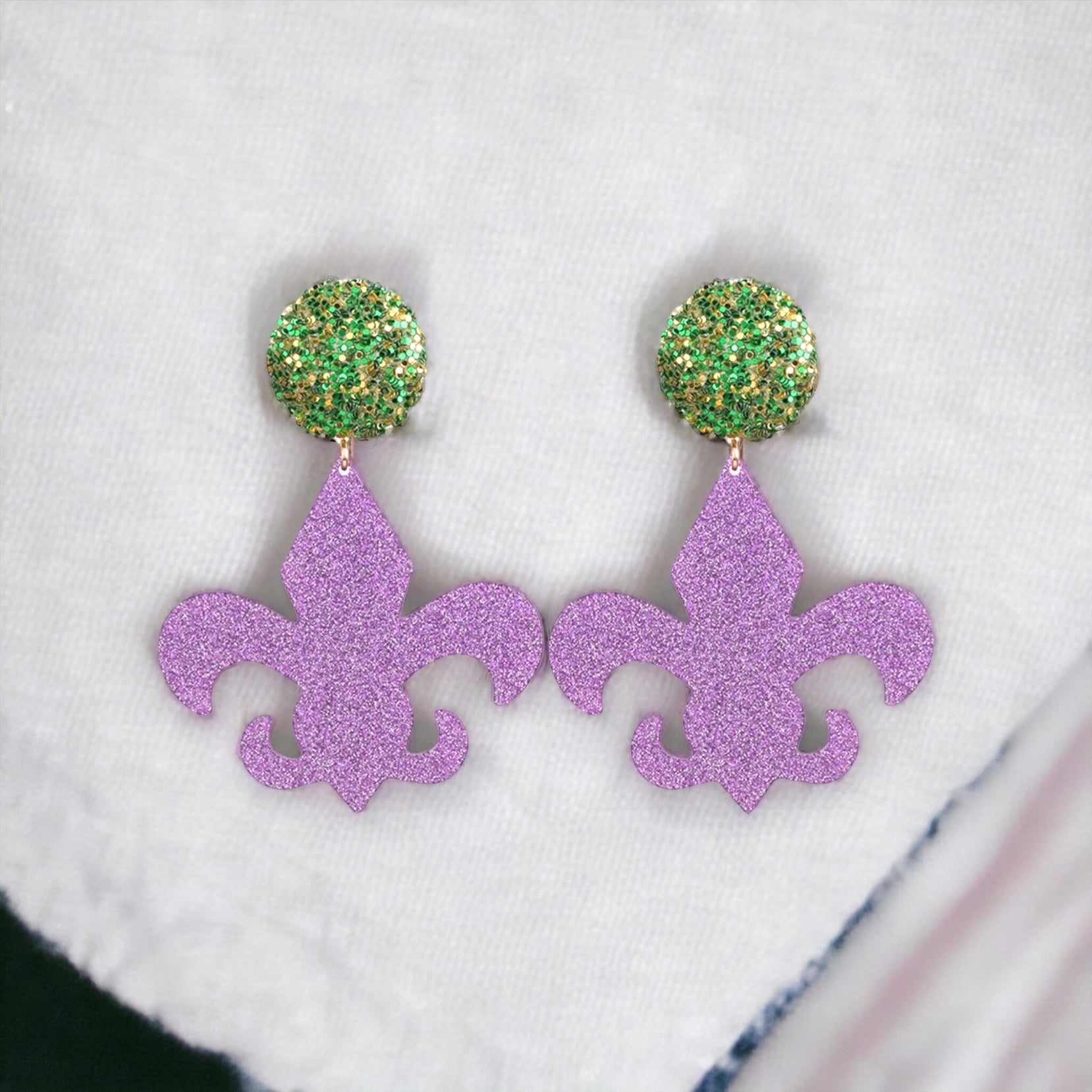 Mardi Gras Oversized Statement Earrings - Glitter Fleur-de-Lis Elegance - Rhythms of Grace Creative