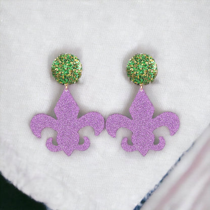 Mardi Gras Oversized Statement Earrings - Glitter Fleur-de-Lis Elegance - Rhythms of Grace Creative