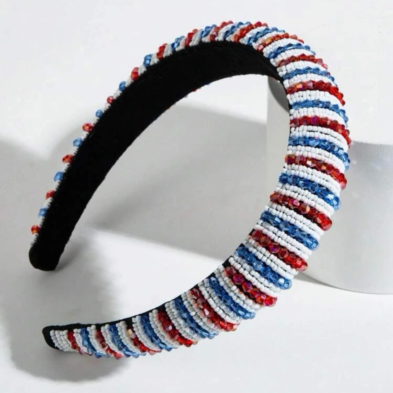 Beaded Patriotic Headband - Handmade Headpiece, Red White and Blue, Stars and Stripes, Military Mom - Rhythms of Grace Creative
