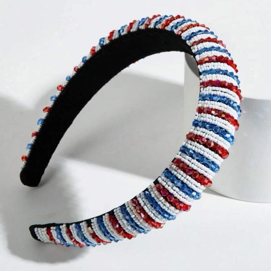 Beaded Patriotic Headband - Handmade Headpiece, Red White and Blue, Stars and Stripes, Military Mom