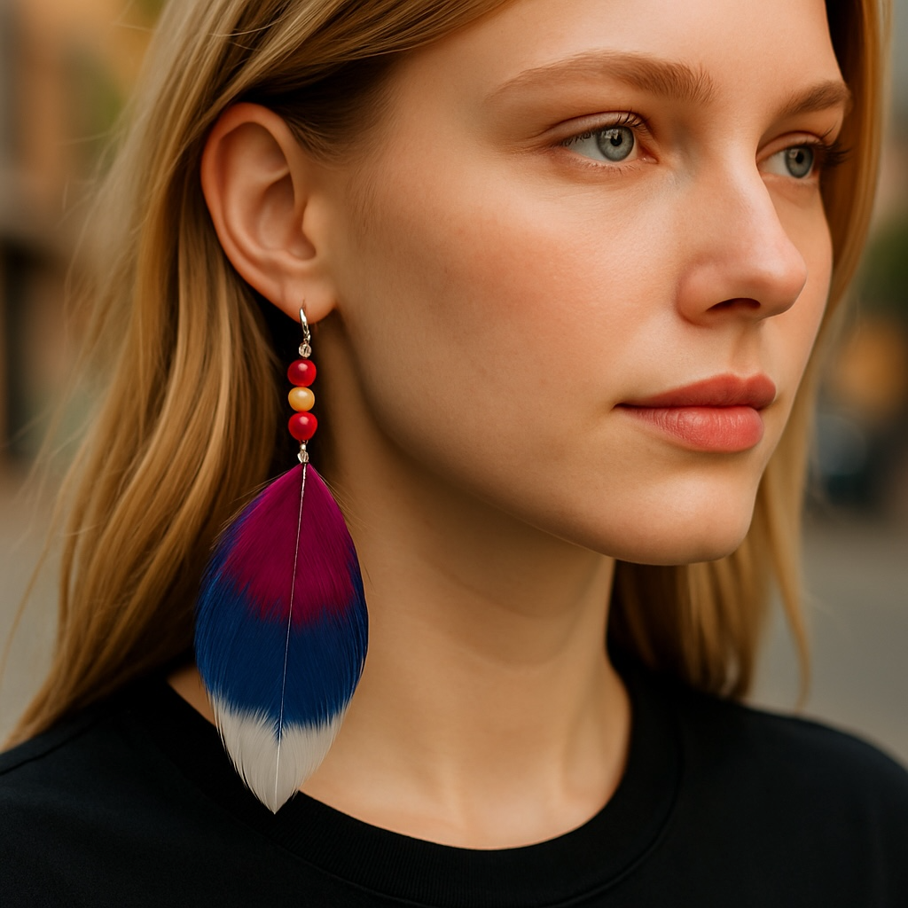 Boho Chic Red, White & Blue Feathered Dangle Earrings