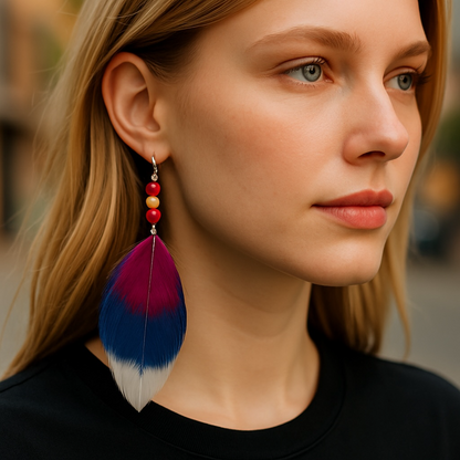 Boho Chic Red, White & Blue Feathered Dangle Earrings
