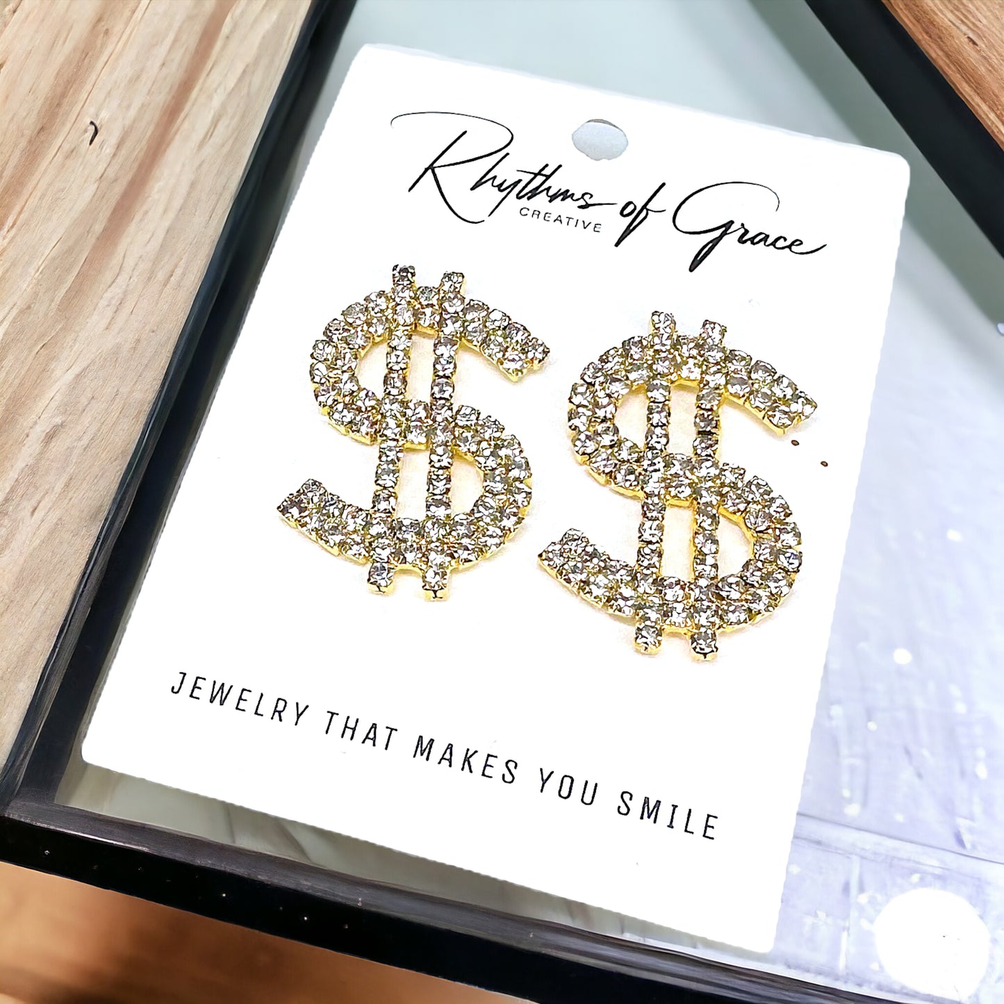 Sparkling Dollar Sign Shaped Earrings - 1.4 x 1 inches, Money