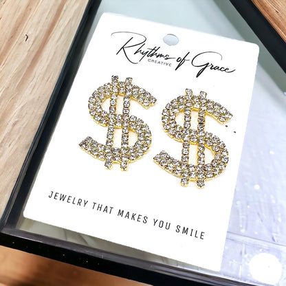 Sparkling Dollar Sign Shaped Earrings - 1.4 x 1 inches, Money
