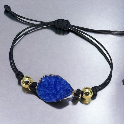 Black Leather Bracelet with Gold and Blue Charm