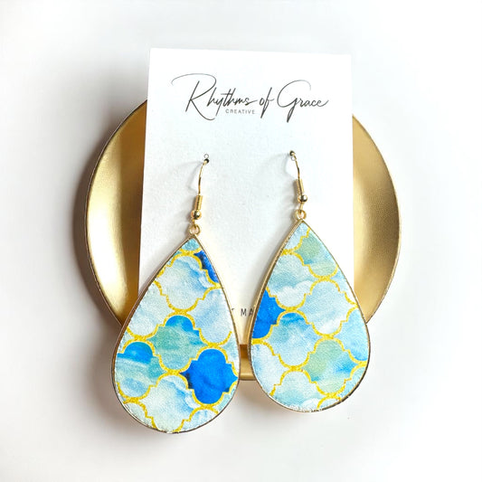 Beach Bliss: Blue, Gold & White Teardrop Dangle Earrings for Stylish Days!