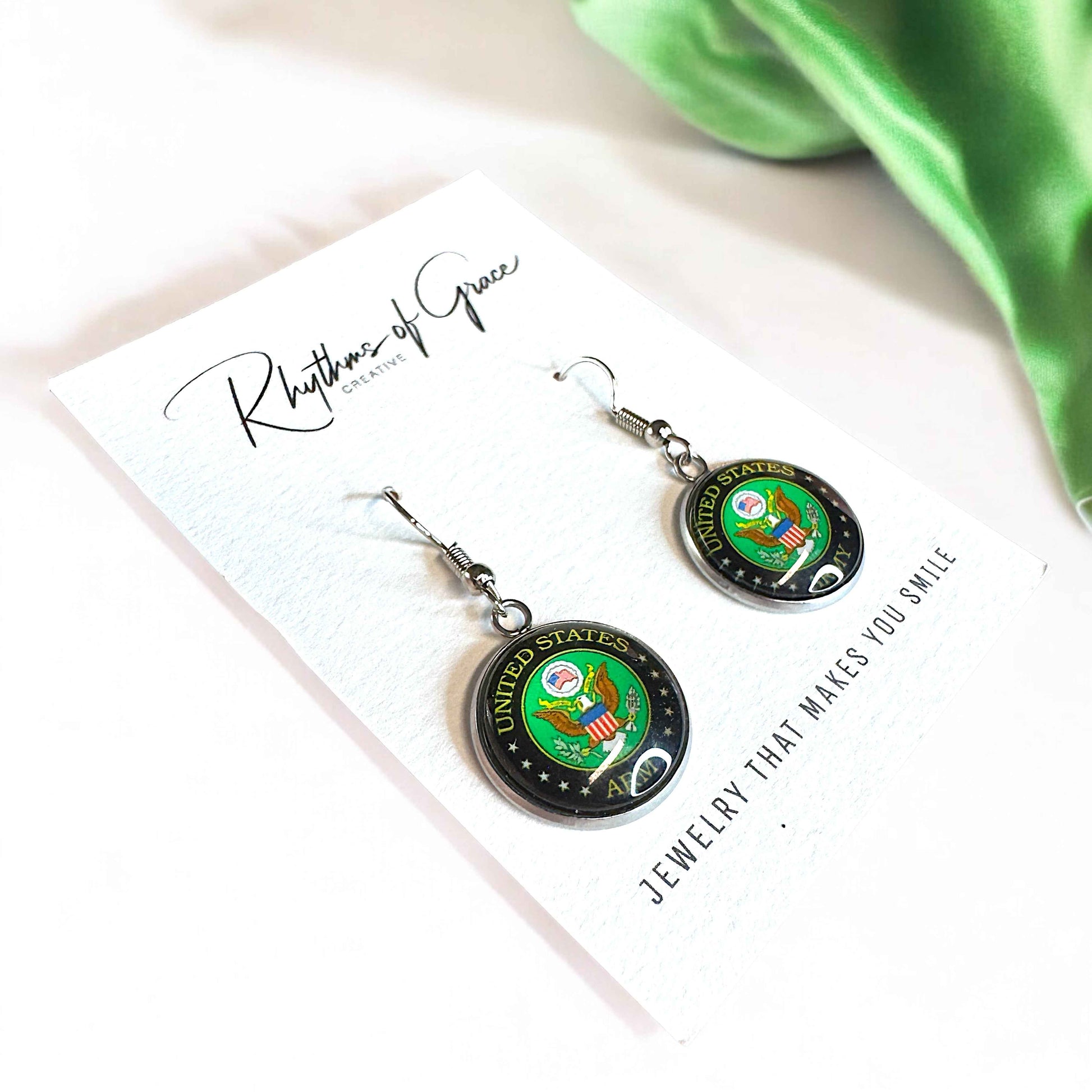 Military Mom Marvels: Army Cabochon Dangle Earrings!