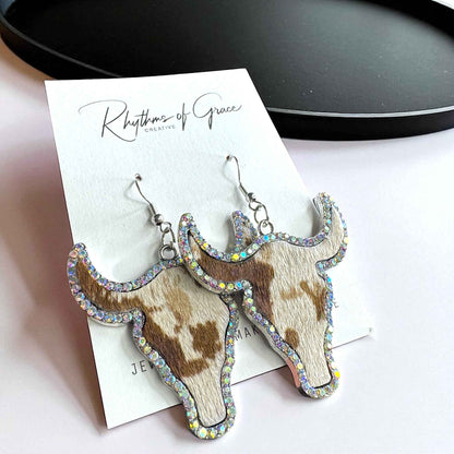 Giddy Up Glam: Rhinestone Longhorn Dangle Earrings