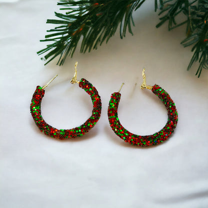Sparkling Christmas Hoop Earrings: Dazzle in Red & White! ✨