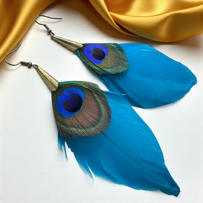 Boho Peacock Feather Dangle Earrings – Layered Turquoise & Natural Feathers, Lightweight Statement Jewelry