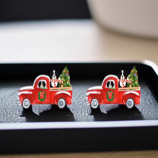 Jolly Pickup Truck Earrings: Holiday Cheer with a St. Bernard Twist!