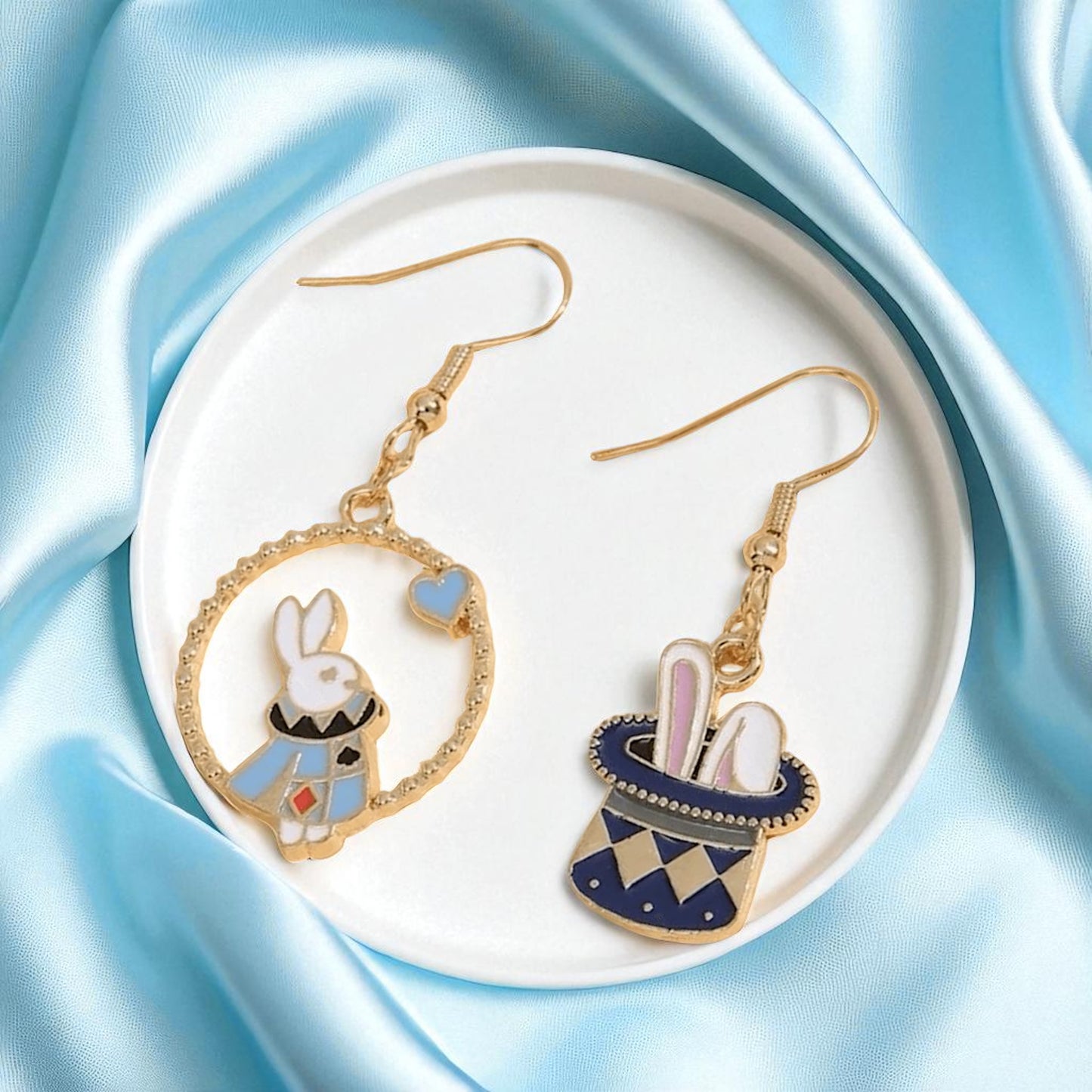 Magical Wonderland Earrings: White Rabbit & Clock Mismatch Dangles